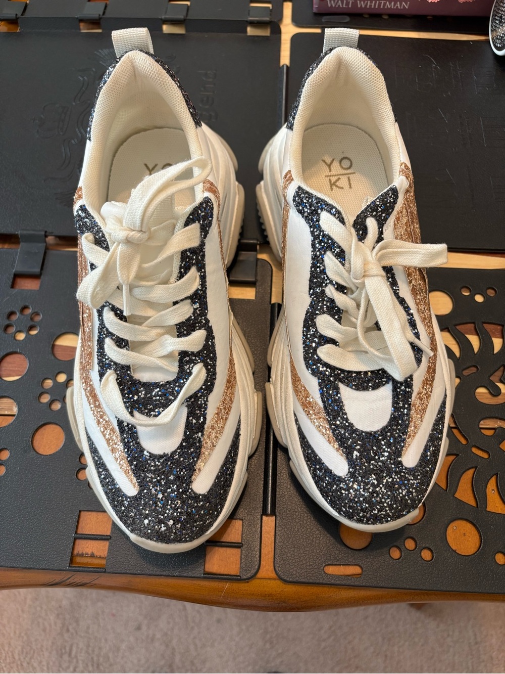 Yoki White Sneakers with Black & Rose Gold Glitter Panels size 10